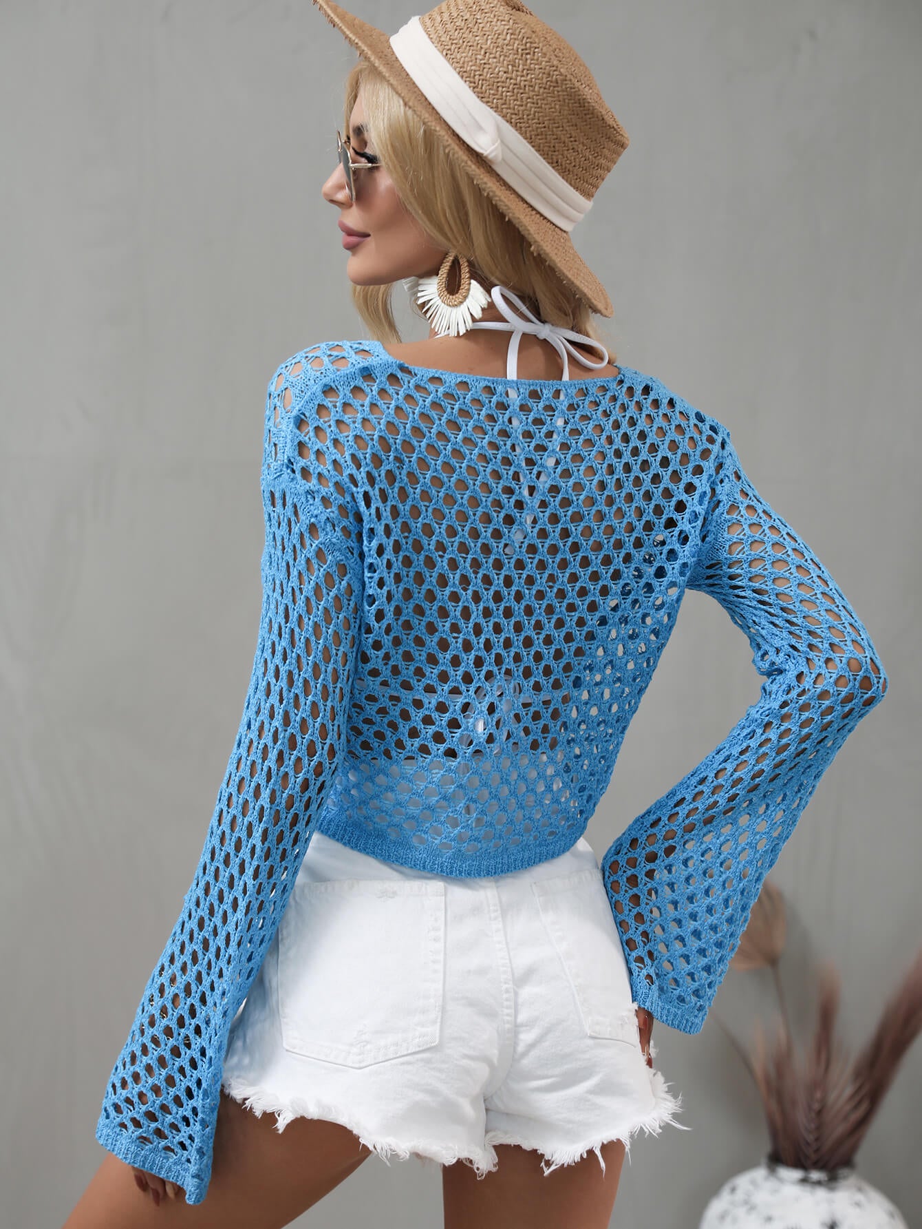 Openwork Flare Sleeve Cropped Cover Up