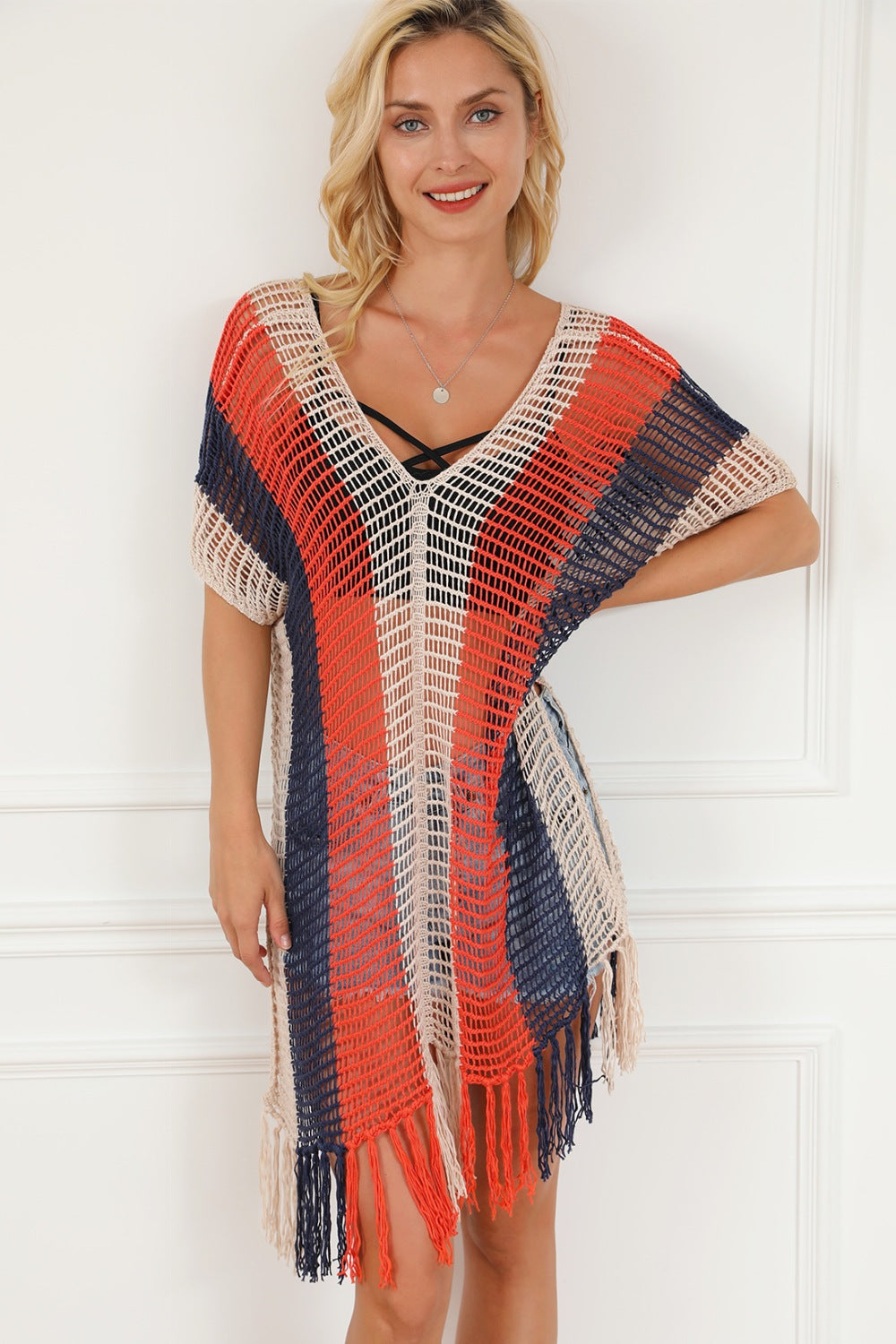 Tassel Color Block V-Neck Cover Up