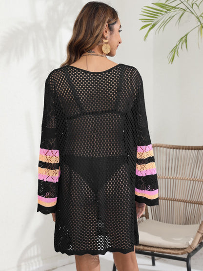 Openwork Contrast Long Sleeve Cover-Up