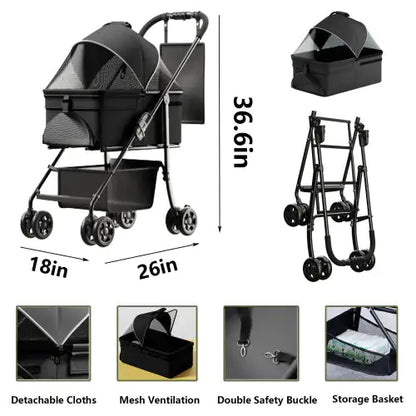 2 In 1 Folding Dog Stroller, Pet Folding Stroller, 4 Wheels Dog Cat Puppy Stroller W  Removable Travel Carrier For Small  Medium Pet, Waterproof Pad, Car Seat, Sun Shade, Xmas Christmas Gift